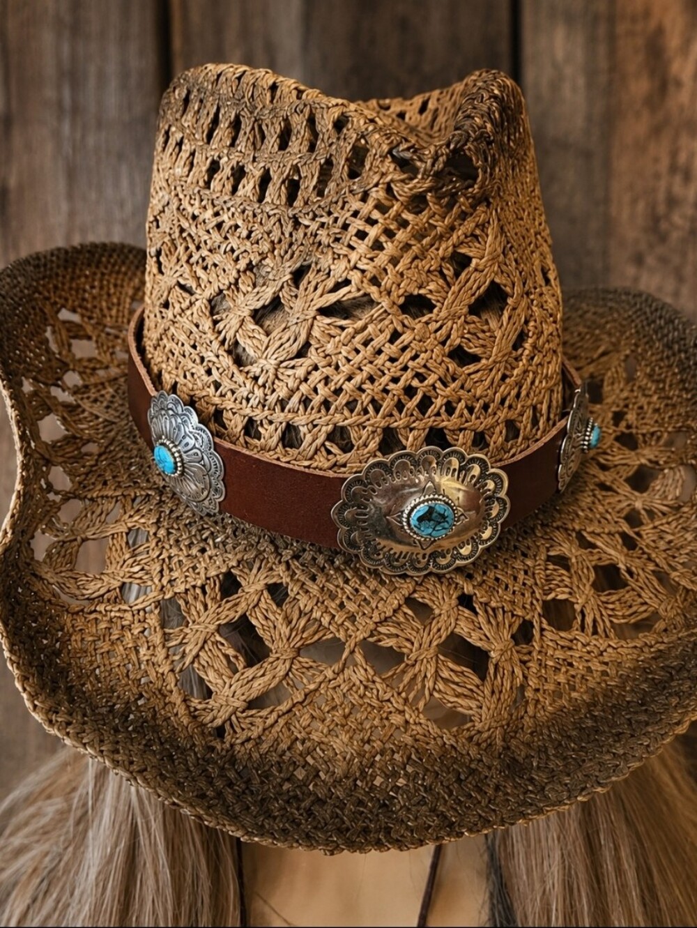 Genuine Turqoise And Silver Concho Hat Band Leather 6 Color Choices.